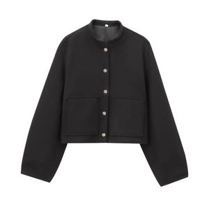 Women's chic black short jacket with round neck, metallic buttons and large pockets