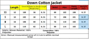 Tabella taglie dettagliata per completo giacca in poliestere e pantaloni a vita alta XS-L