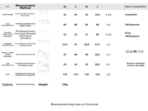 Detailed size chart for women's embroidery jacket with measurements and fabric info