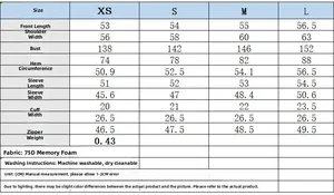 Size chart with measurements in cm for women's hooded casual jacket including bust and length