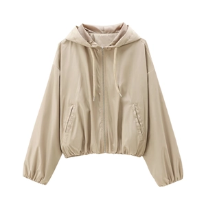 Detail of light khaki windbreaker showing metal zipper and adjustable drawstring hood