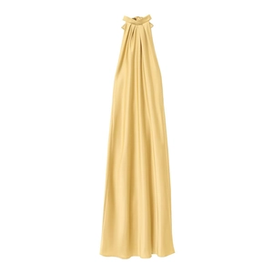 Detail of elegant champagne gold satin halter dress with draped pleats and glossy finish