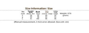Detailed size chart for women ruffle blouse showing shoulder, bust and length measurements