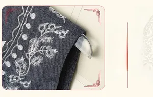 Macro shot of white floral embroidery on dark blue denim vest with detailed texture