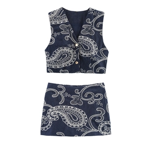 Ensemble Deux Pièces Femme Imprimé Paisley Sans Manches Col en V Top et Bottom Décontracté Bleu Denim Mode Été