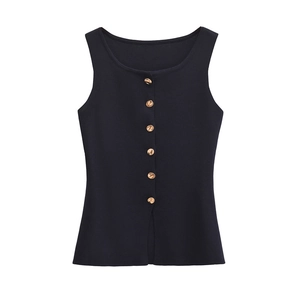 Close-up of black knit vest with six premium gold round buttons and elegant round neck detail