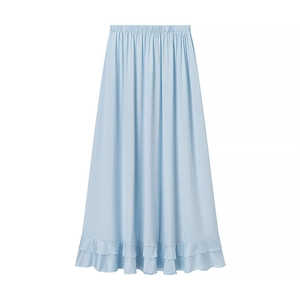 Detail of light blue A-line skirt with elastic high waist and double-layered ruffles