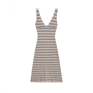 Détail de la maille côtelée sur une robe midi sans manches à rayures et col en V