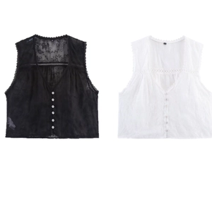 Damen Casual Ärmellos V-Ausschnitt Stickerei Spitze Hemd Mesh Durchsichtig Floral Einreihig Kurz Weste Top Sommer Streetwear