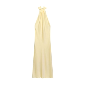 Detail of light yellow satin halter neck dress with elegant pleated collar and silky texture