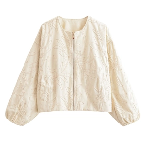 Women's beige zip-up jacket featuring 3D leaf embroidery and lantern sleeves