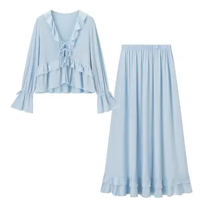 Women Elegant Light Blue Ruffle Top And Bottom Skirt Set Solid Color Long Sleeve V Neck Fashion Outfit Polyester