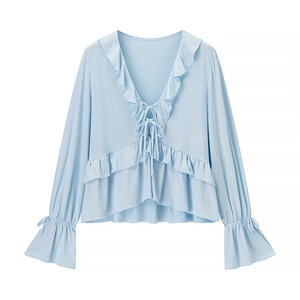Summer casual light blue ruffled long sleeve chiffon blouse with deep V-neck and tie details
