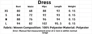 Detailed size chart for lace pinstripe dress including bust, waist, hip, and length specs