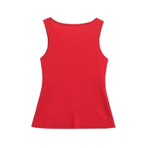 Detailed flat lay of a red sleeveless knit vest top featuring a round neck and fine texture