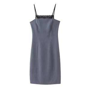 Sexy Grey Pinstripe Camisole Dress Black Lace Trim Slim Fit Midi A-Line Dress Adjustable Straps Back Zipper Summer Outfit