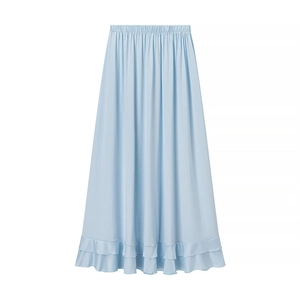 Light blue high waist A-line midi skirt with elastic waistband and ruffled layered hem