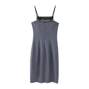 Detail of grey slim fit dress featuring black lace trim and back zipper closure