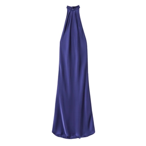 Elegant royal blue halter satin maxi dress with a slim fit and graceful draped neckline