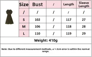 Size chart for women V-neck pleated dress showing bust, length, and sleeve measurements