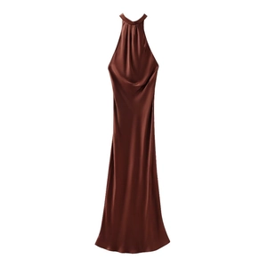 Elegant dark brown satin halter maxi dress with draped neckline for formal occasions