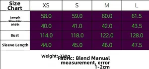 Detailed size guide for loose round-neck long sleeve jacket in sizes XS to L