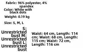 Guide des tailles pour robe dos nu à pois avec dimensions détaillées et composition du tissu