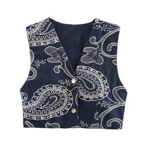 Gilet en jean bleu foncé pour femme avec broderie paisley blanche et boutons dorés