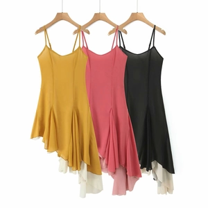Detailed look at layered ruffle hems of sleeveless V-neck dresses in three colors