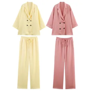 Women Pleated Texture Double Breasted Blazer And Wide Leg Pants Casual Long Sleeve Autumn Suit Streetwear Top And Bottoms
