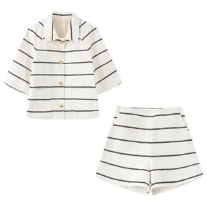 Women Fashion Striped Knitted Short Sleeve Jacket And High Waist Shorts With Gold Buttons Elegant Elegant Summer Outfit