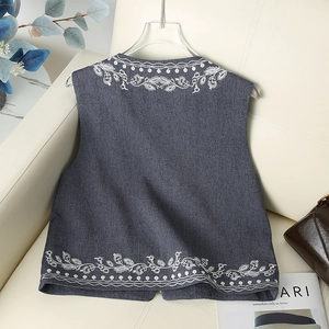 Retro denim vest for women with white floral embroidery and classic V-neck style