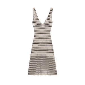 Robe midi rayée sans manches à col en V et ourlet en A en maille beige et noire