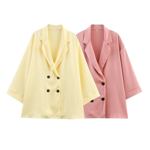 Women's casual double-breasted blazer and trousers set in pale yellow and pink colors