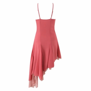 Pink slip dress with layered irregular ruffle hem and spaghetti straps from back view