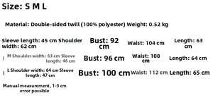 Size chart for women's autumn jacket and shorts set with polyester twill fabric data