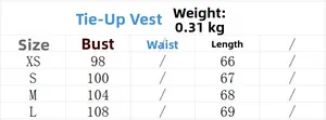 Size chart for lace-up vest including bust and length measurements from XS to L