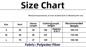 Size chart for knit dress with measurements for bust, sleeve and length in cm