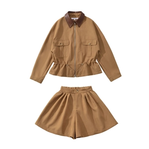 Women Western Style Drawstring Waist Patchwork Jacket And High Waist Shorts Top And Bottom Set Casual Khaki Polyester Outwear