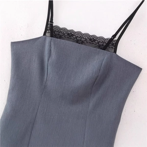 Gray pinstripe mini dress with black lace trim and adjustable thin shoulder straps