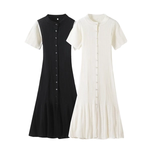 Detailed view of ribbed knit texture and button-front closure on short sleeve dresses