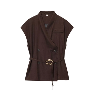 Dark brown double-breasted vest with golden buckle belt and v-neckline for women