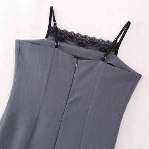Gray striped dress with black lace trim and adjustable thin straps for a stylish look