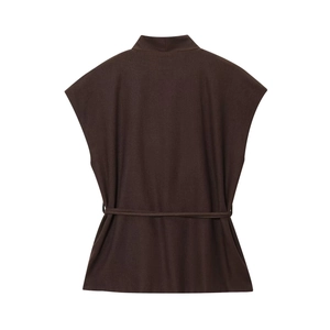 Women's chocolate brown sleeveless knit vest with stand collar and matching waist belt