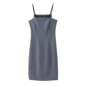 Slim fit dark grey slip dress with black lace trim and thin straps in minimalist summer style