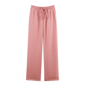 Pink wide-leg ribbed lounge pants with elastic drawstring waist for women