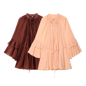 Women Retro Ruffled Long Sleeve Dress Mock Neck Tie Up Pleated Tiered Ruffle Sleeve A-Line Chiffon Mini Dress For Daily Party