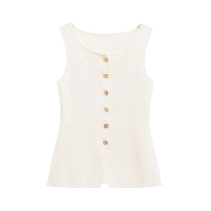 Minimalist beige sleeveless knit vest featuring gold buttons and a slit hem for women