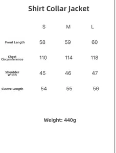 Size guide for women's casual jacket showing chest, length, and sleeve measurements