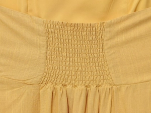 Détail de robe jaune montrant le smocking élastique et la texture du tissu